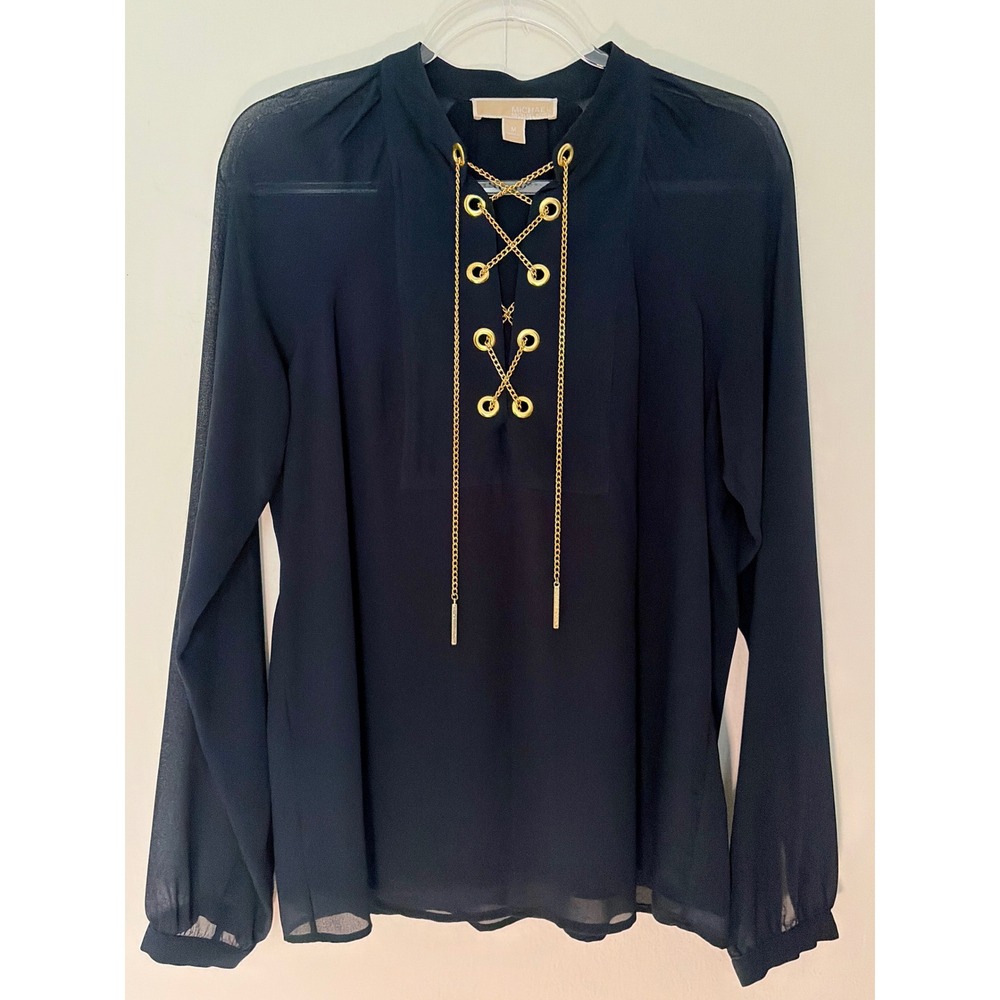 MICHAEL Michael Kors Black Gold Chain Chiffon Lace Up Blouse Long Sleeve M